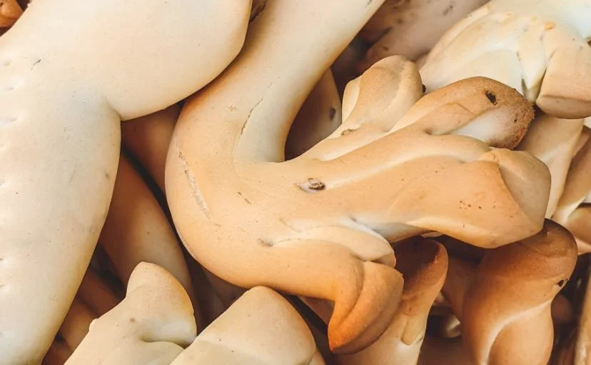 Golden S-shaped Barrafranca Christmas biscuits on a festive tablecloth