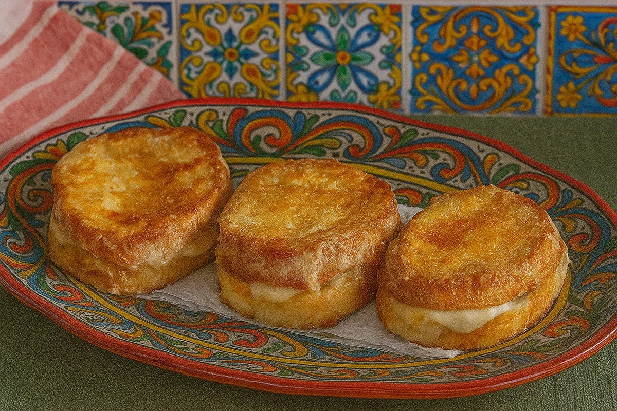 Pane fritto con acciuga dorato e croccante servito su piatto rustico siciliano