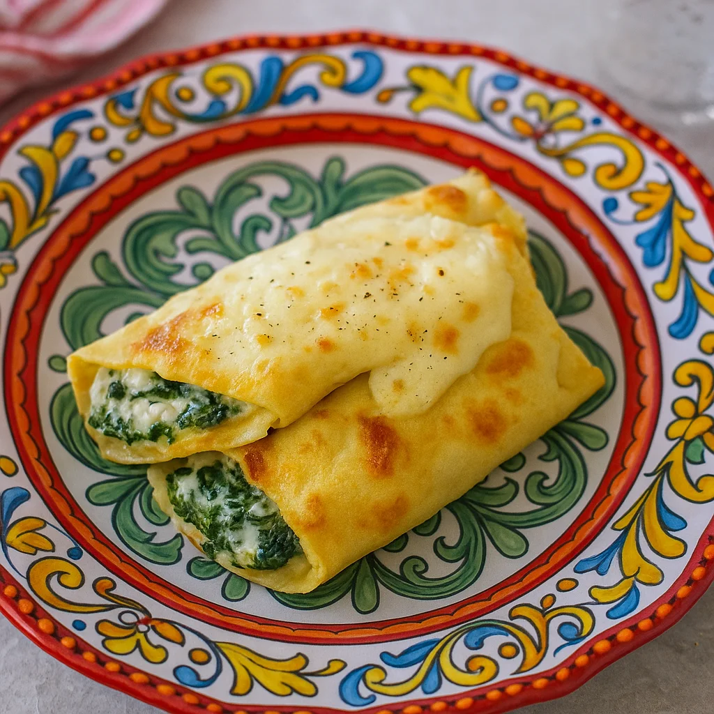 Baked ricotta and spinach crêpes with golden cheese topping