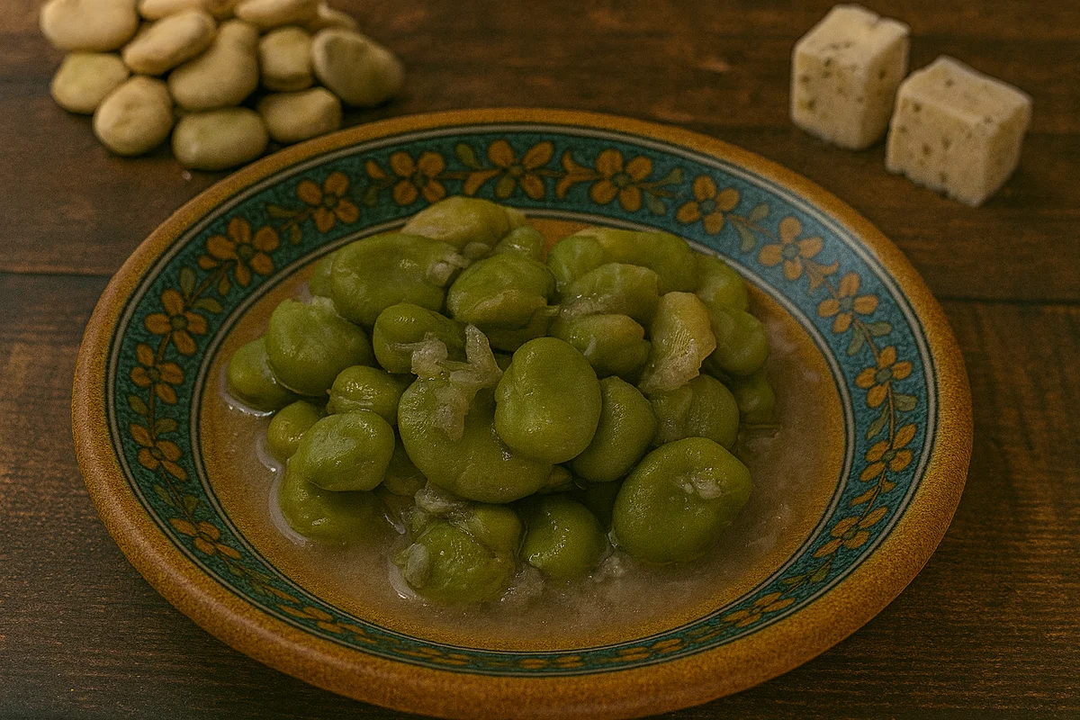 Piatto di fave fresche stufate con ricotta al forno