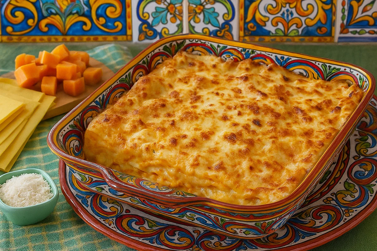 Lasagne siciliane siciliane alla zucca appena sfornate