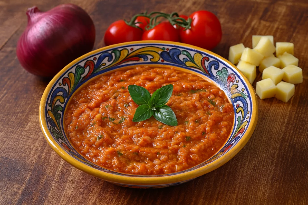 Sicilian Ncancarancà soup with melted cheese and tomato