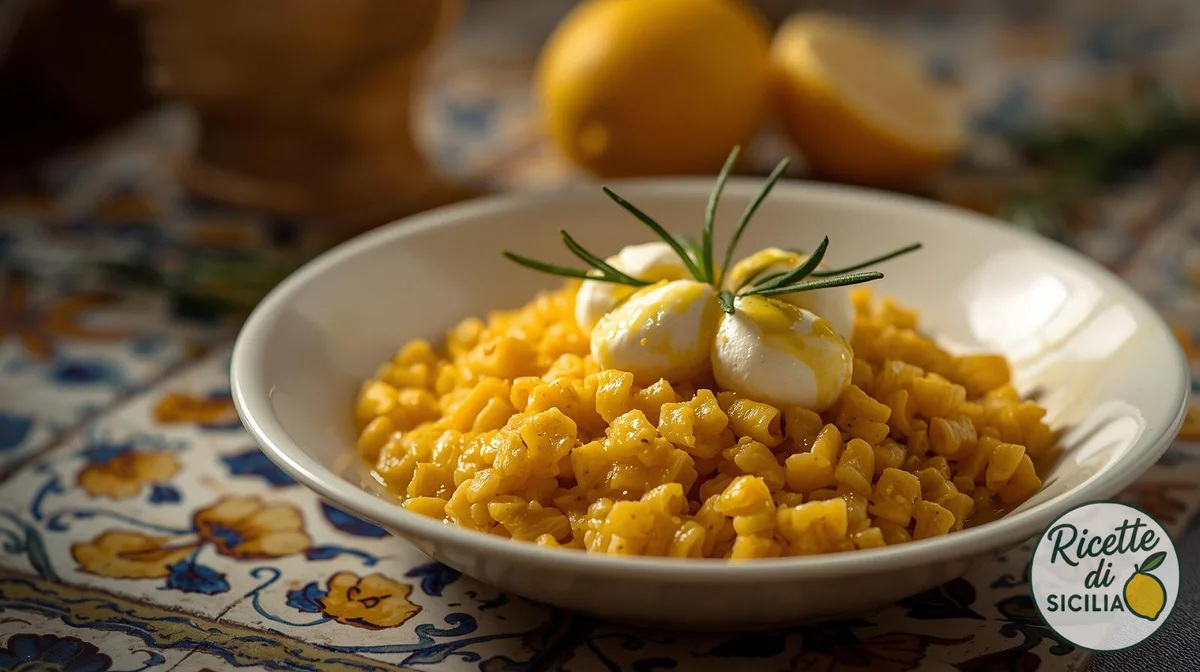 ‘Ncucciateḍḍu from Scicli served with pumpkin cream and fresh ricotta in a Sicilian ceramic bowl