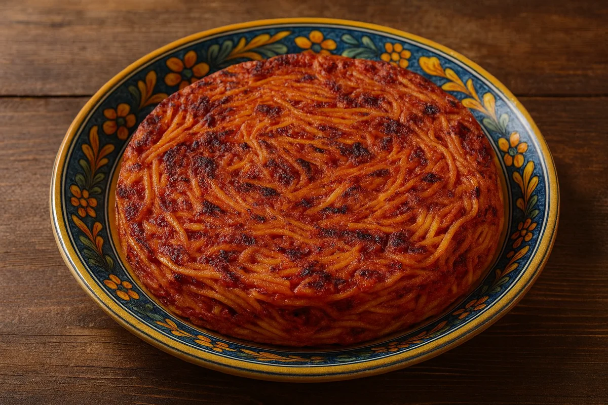 Crispy Sicilian-style spaghetti frittata with tomato sauce