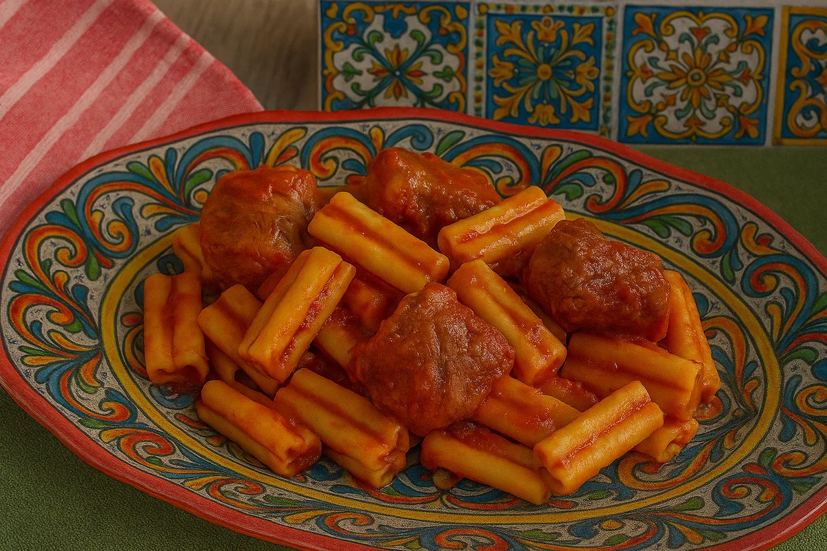 Catanese five-hole pasta in a rich Sicilian meat ragù