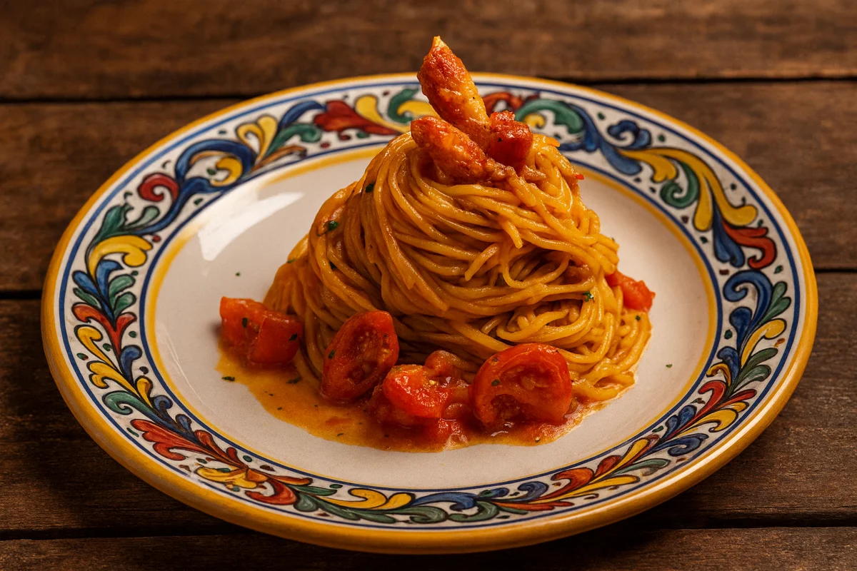 Piatto di spaghetti con polpa di granchio e pomodorini siciliani