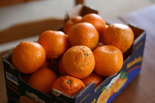 Bottiglia di rosolio di mandarini siciliani accanto a mandarini freschi