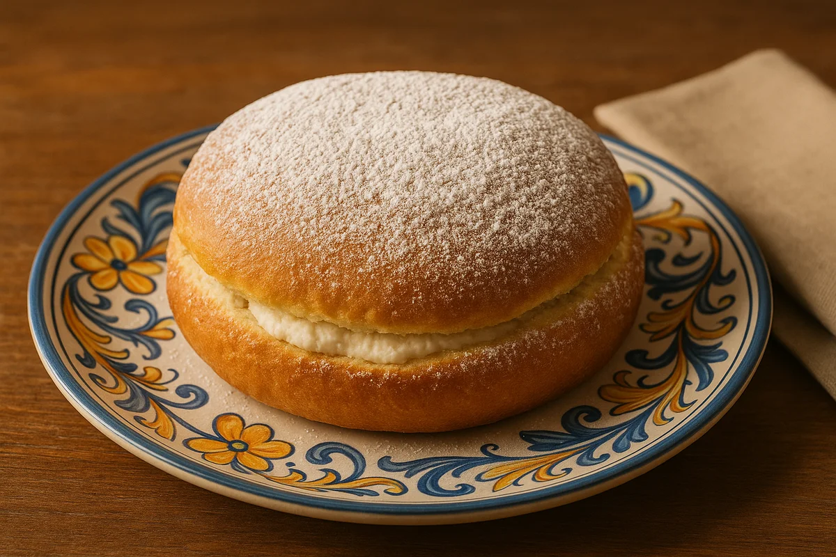 Spagnolettone siciliano con ricotta e zucchero a velo su piatto in maiolica